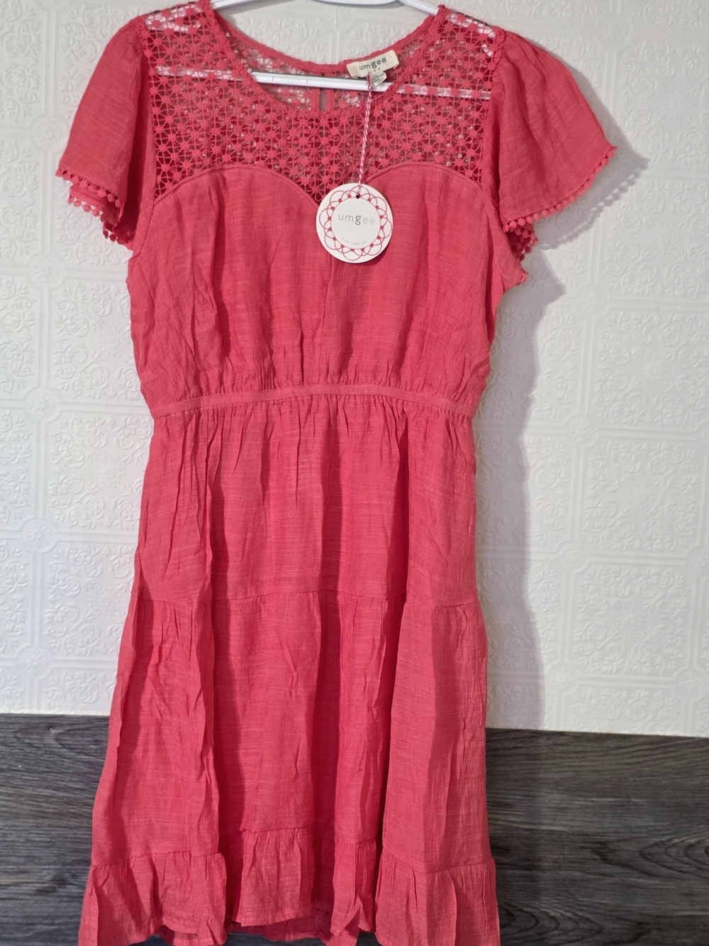 Umgee Crochet Yoke Flutter Sleeve Dress in Coral Pink